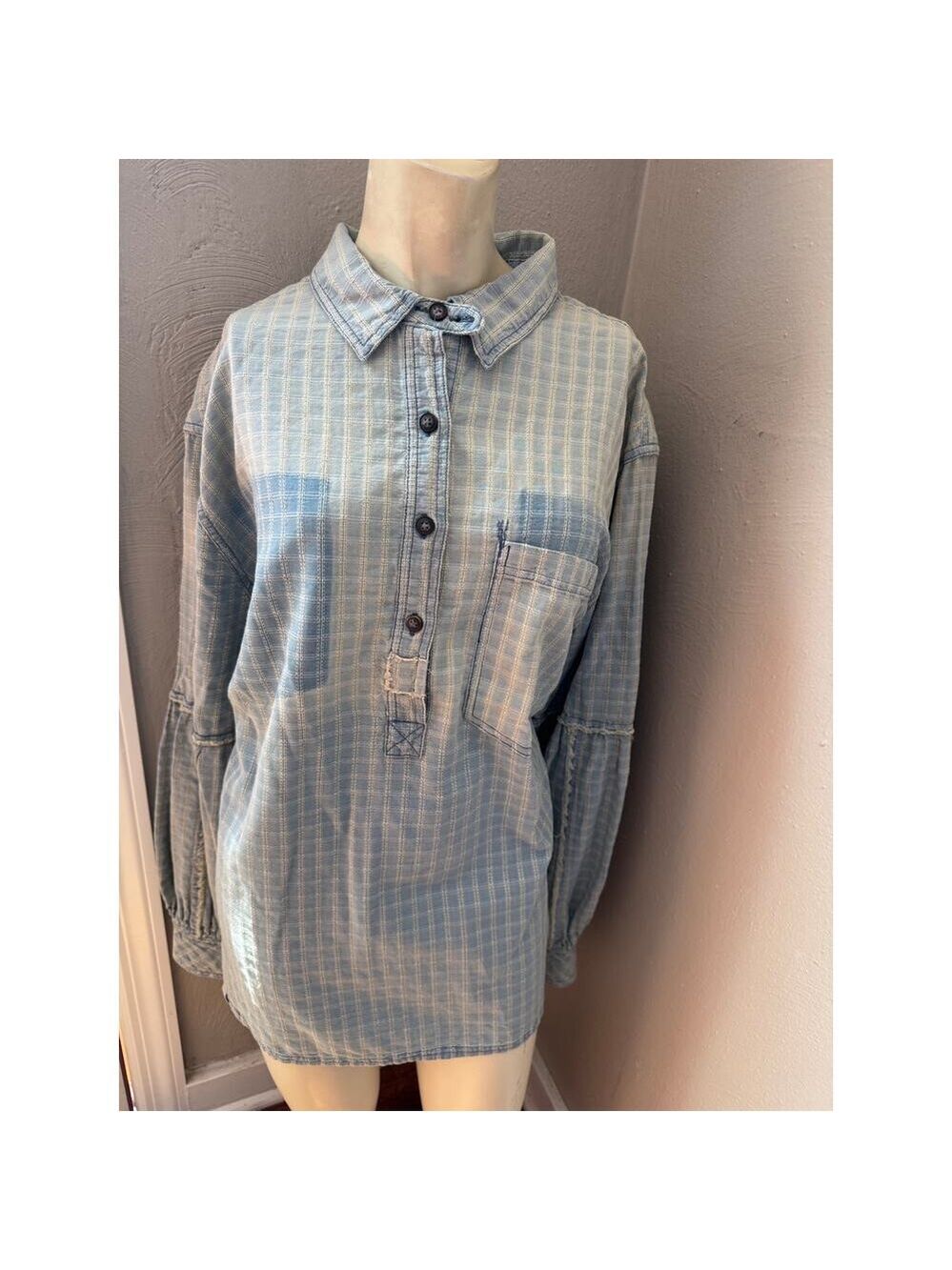 We The Free People Glacier Bay printed checked distressed tunic